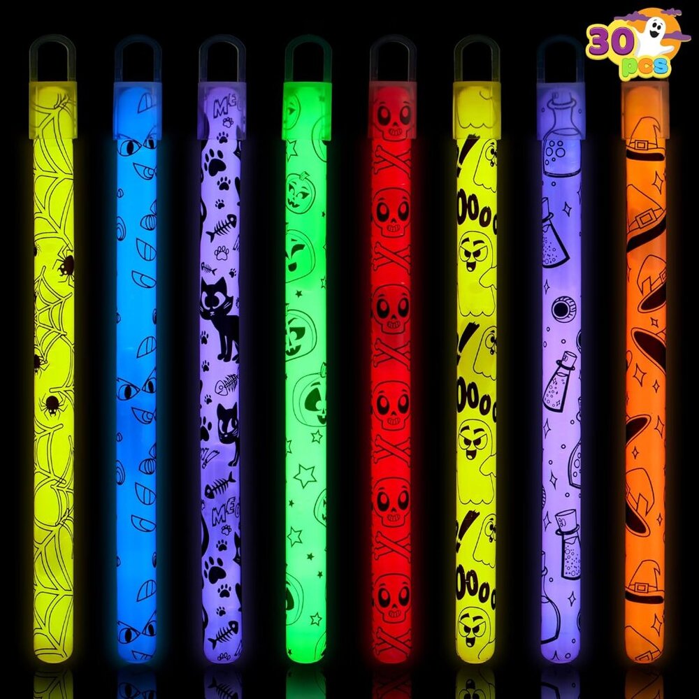 30-Piece Glow in the Dark Halloween Stick Set for Kids – 6 Colors & 8 Designs